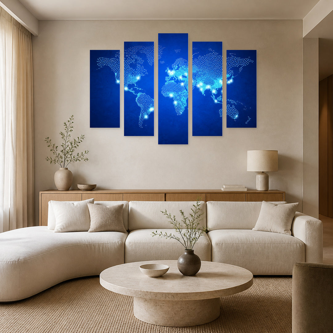 World Population Map Vintage Study — five-panel wall art in alternate frontal interior | 5wallart 54700 M4