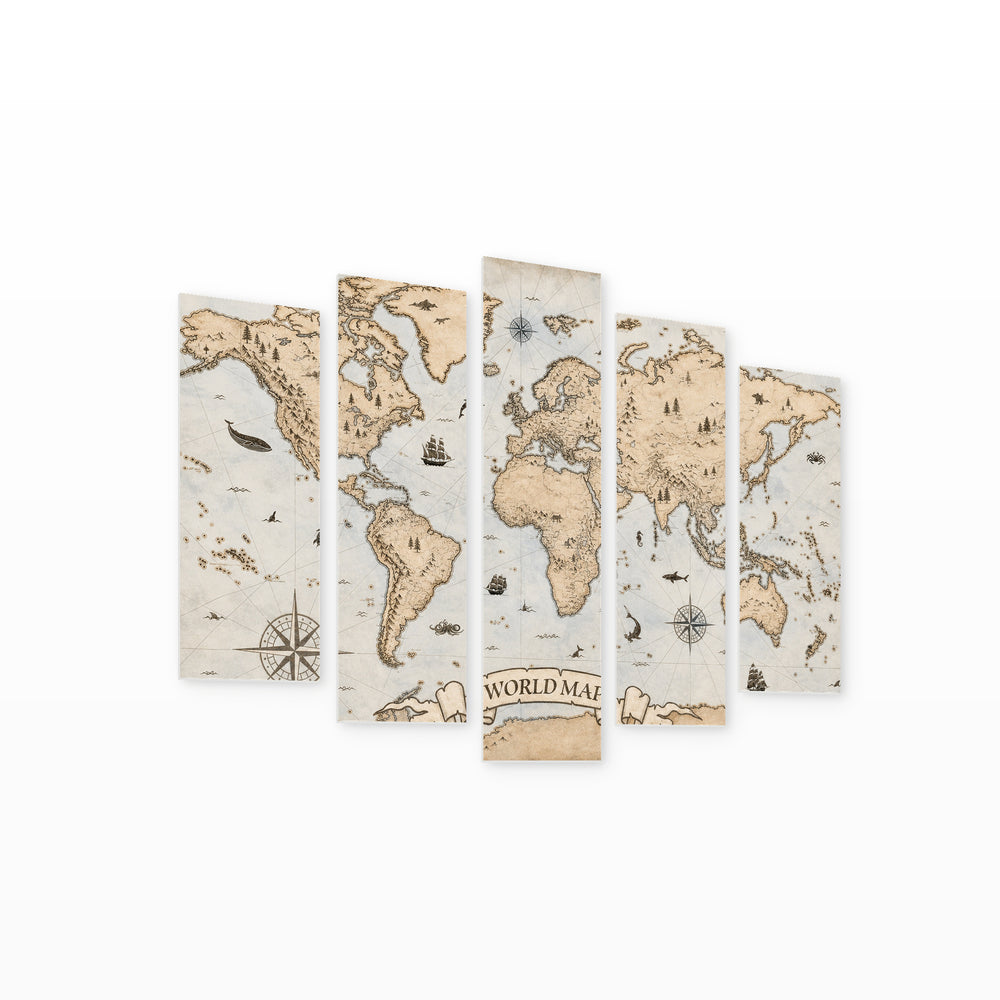 Detailed World Map with Dramatic Contrast — five-panel wall art on white background in perspective | 5wallart 54701 M1