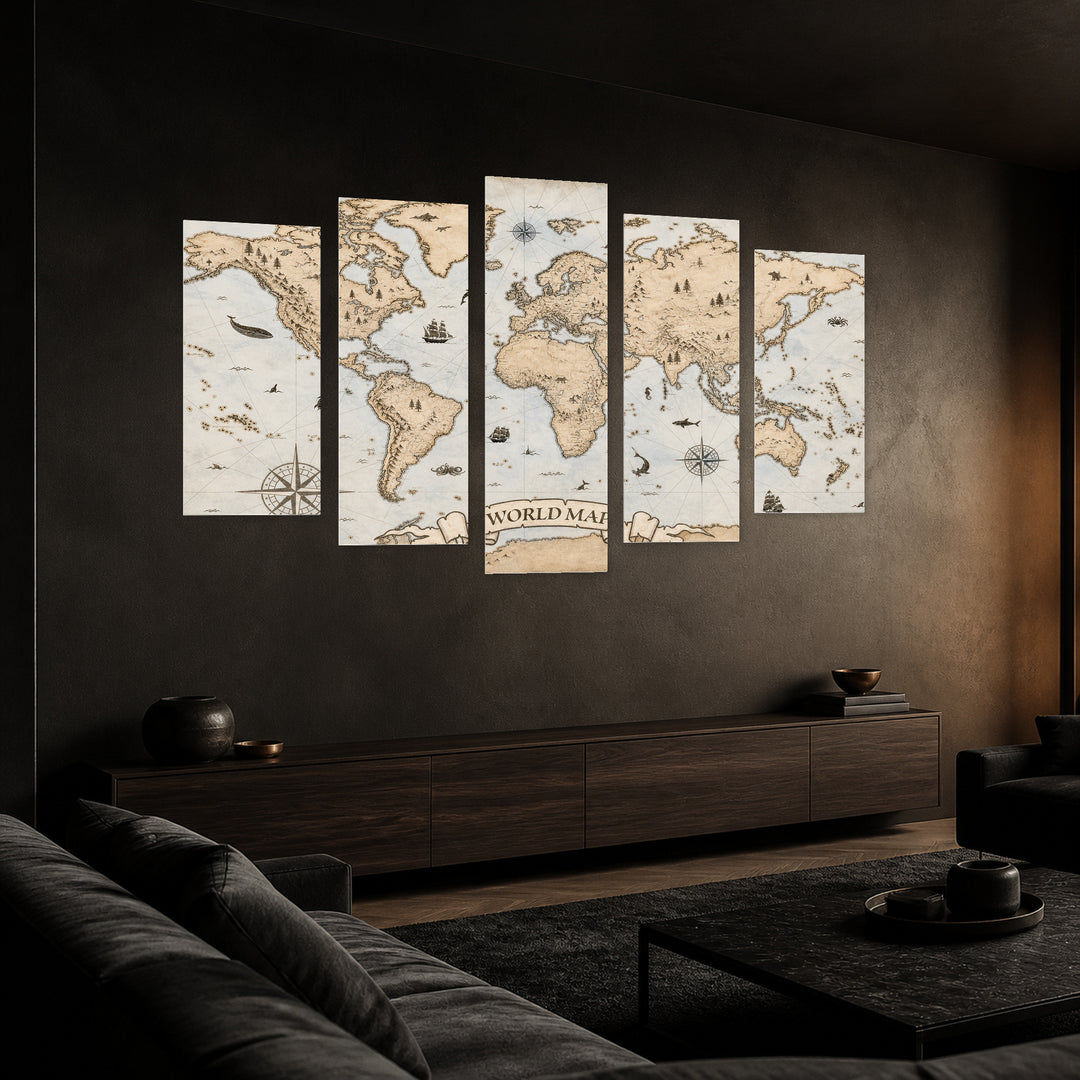 Detailed World Map with Dramatic Contrast — five-panel wall art in perspective interior | 5wallart 54701 M2