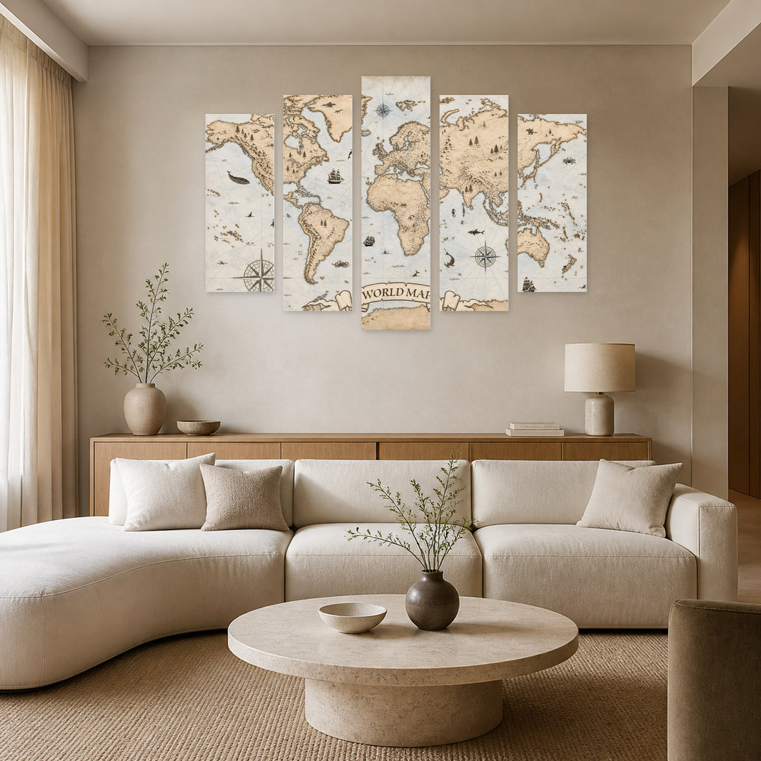 Detailed World Map with Dramatic Contrast — five-panel wall art in frontal interior | 5wallart 54701 M3