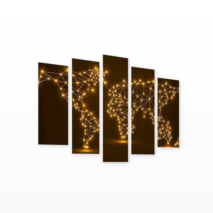 Abstract World Map with Glowing Dots at Night — five-panel wall art on white background in perspective | 5wallart 54702 M1