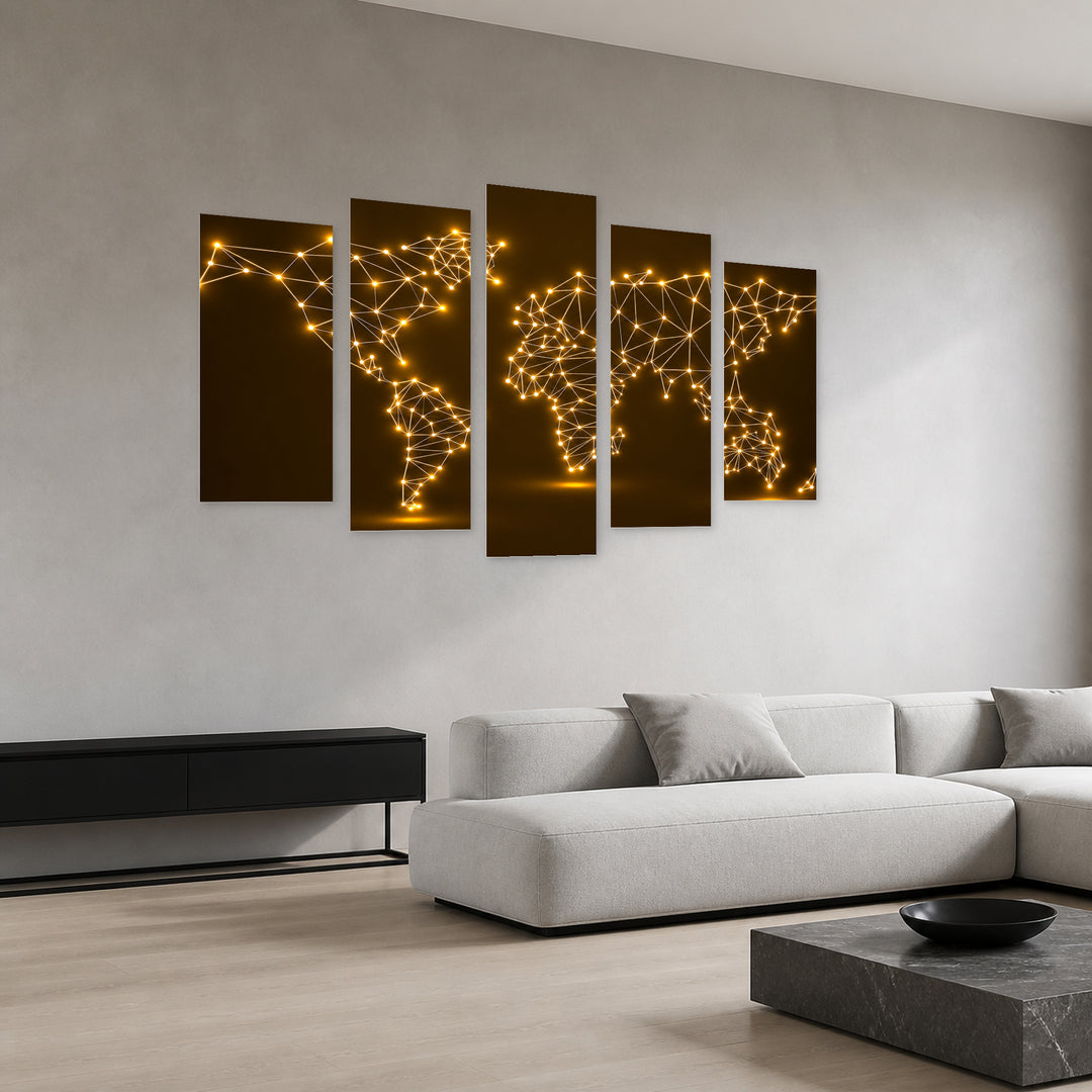 Abstract World Map with Glowing Dots at Night — five-panel wall art in perspective interior | 5wallart 54702 M2