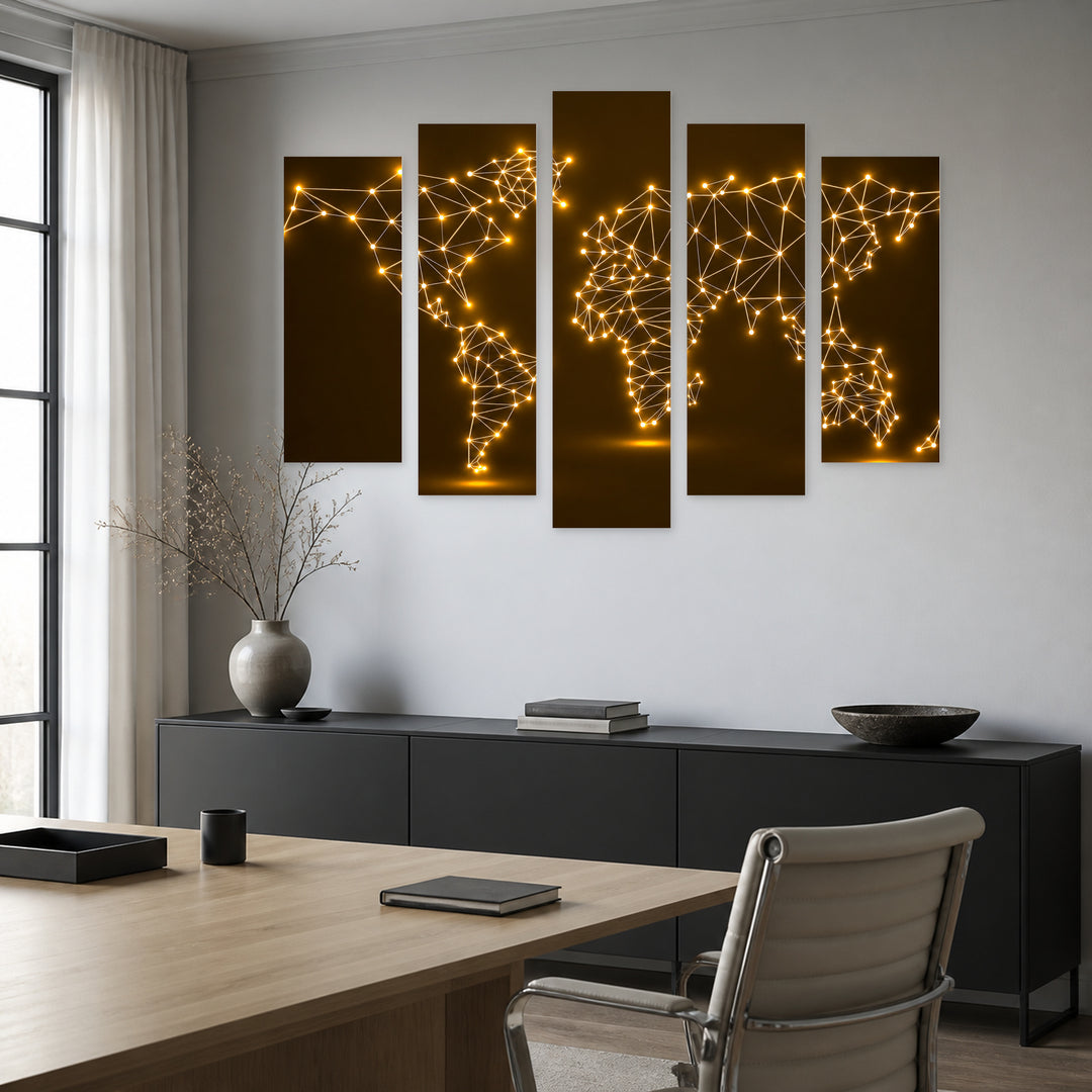 Abstract World Map with Glowing Dots at Night — five-panel wall art in frontal interior | 5wallart 54702 M3