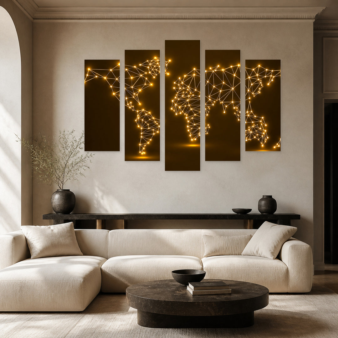 Abstract World Map with Glowing Dots at Night — five-panel wall art in alternate frontal interior | 5wallart 54702 M4