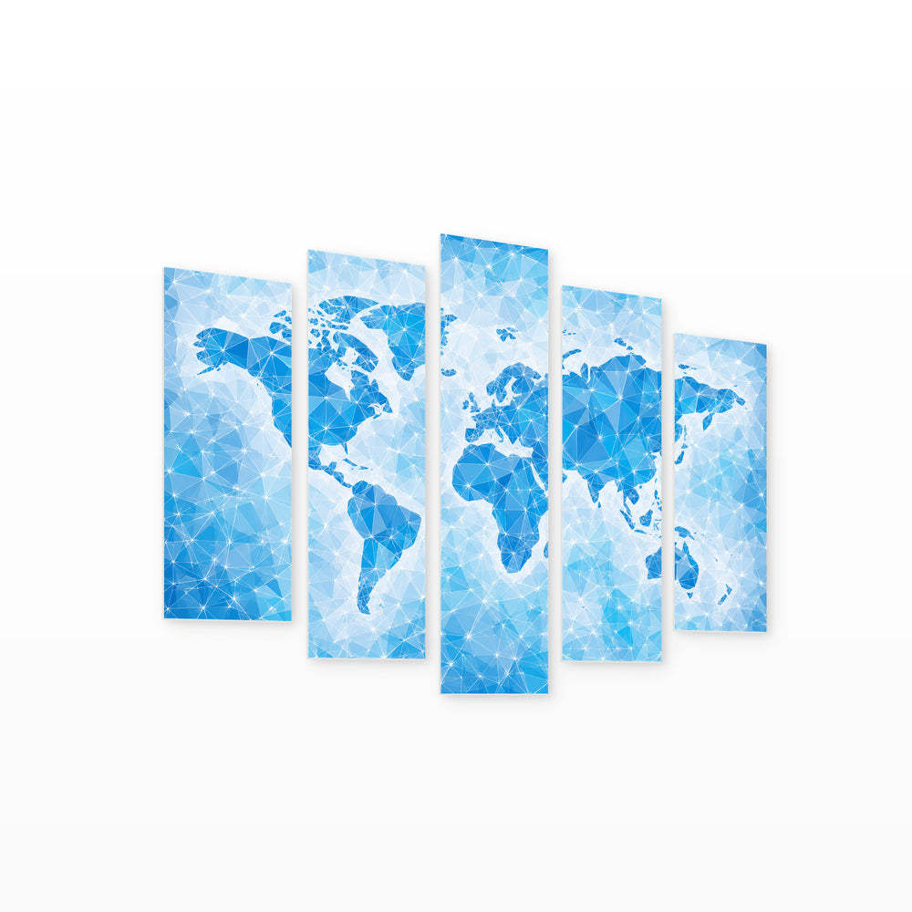 Abstract World Map in Blue with Geometric Rhythm — five-panel wall art on white background in perspective | 5wallart 54703 M1