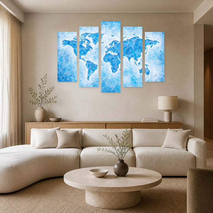Abstract World Map in Blue with Geometric Rhythm — five-panel wall art in frontal interior | 5wallart 54703 M3