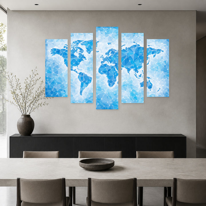 Abstract World Map in Blue with Geometric Rhythm — five-panel wall art in alternate frontal interior | 5wallart 54703 M4