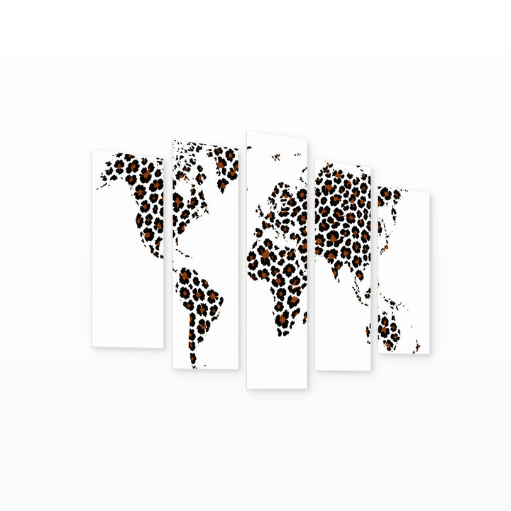 World Map with Animal Print Design Wildlife Portrait — five-panel wall art on white background in perspective | 5wallart 54704 M1