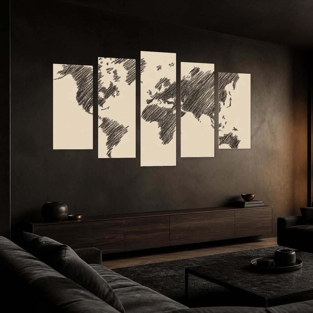 Hand-painted World Map with Geometric Rhythm — five-panel wall art in perspective interior | 5wallart 54705 M2