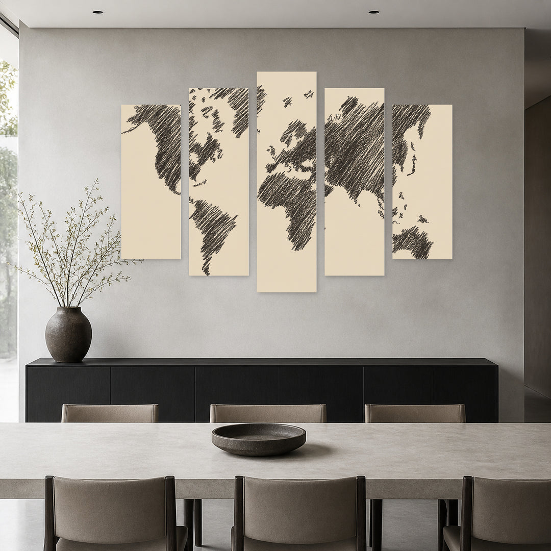 Hand-painted World Map with Geometric Rhythm — five-panel wall art in alternate frontal interior | 5wallart 54705 M4