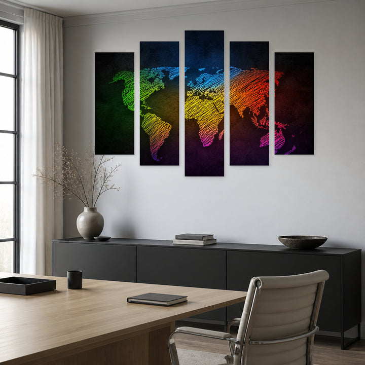 Colorful Sketch of the World Map Vintage Study — five-panel wall art in frontal interior | 5wallart 54706 M3