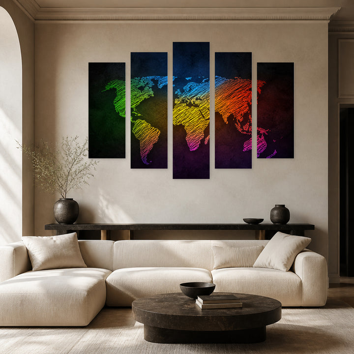 Colorful Sketch of the World Map Vintage Study — five-panel wall art in alternate frontal interior | 5wallart 54706 M4