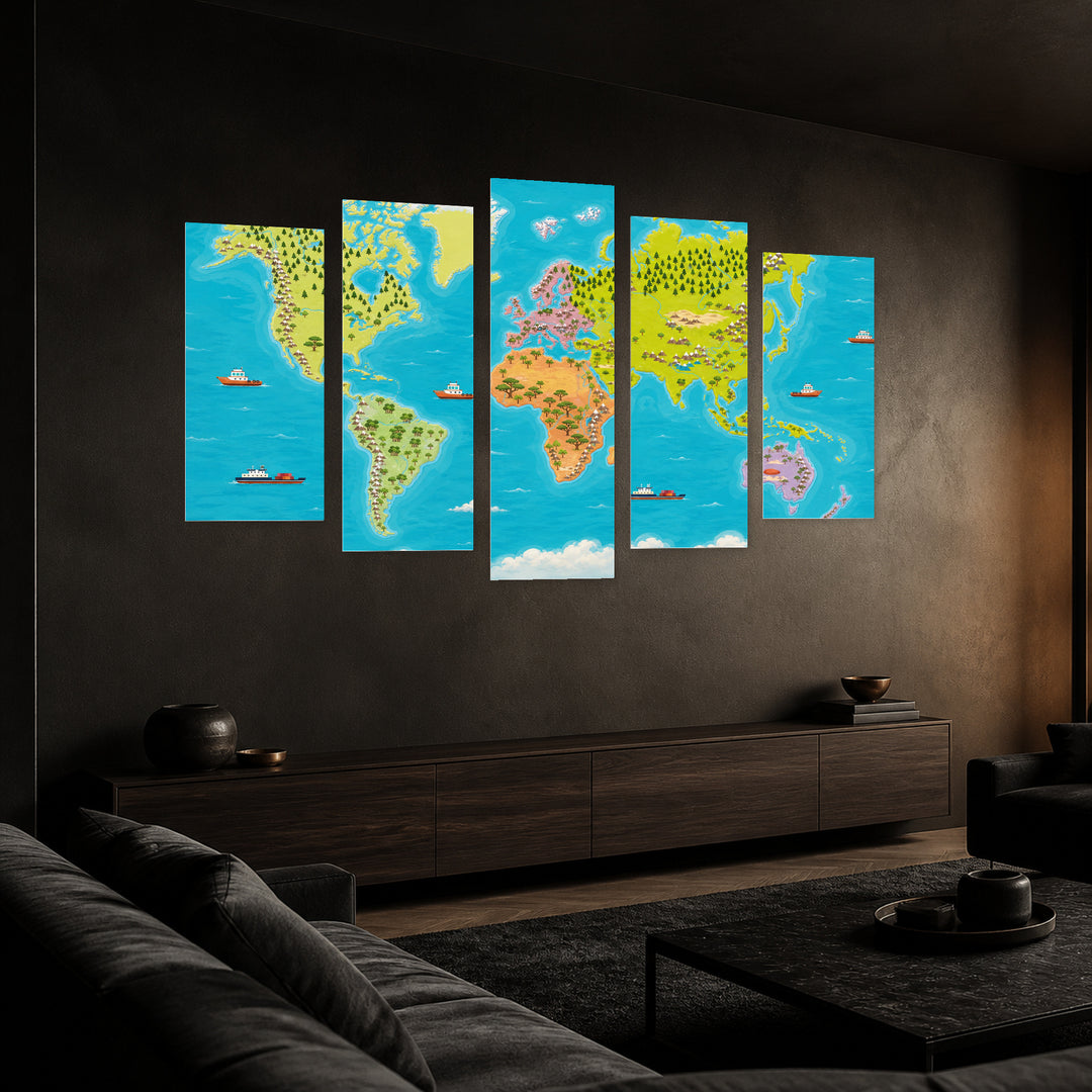 Detailed Children's World Map 2 Playful Illustration — five-panel wall art in perspective interior | 5wallart 54707 M2