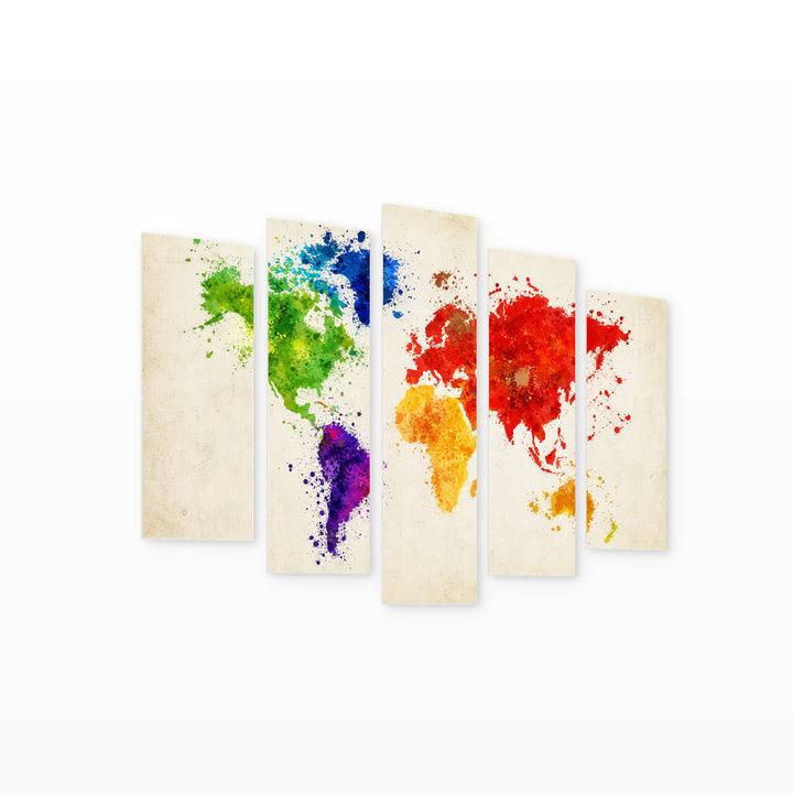 World Map of Colorful Spots Vintage Study — five-panel wall art on white background in perspective | 5wallart 54708 M1