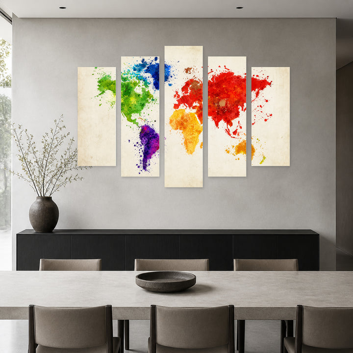 World Map of Colorful Spots Vintage Study — five-panel wall art in frontal interior | 5wallart 54708 M3
