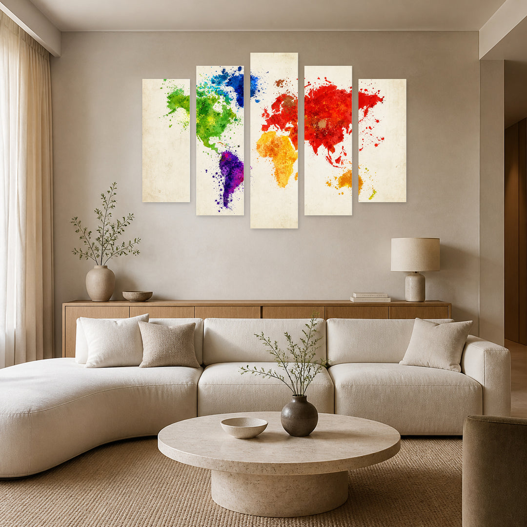World Map of Colorful Spots Vintage Study — five-panel wall art in alternate frontal interior | 5wallart 54708 M4