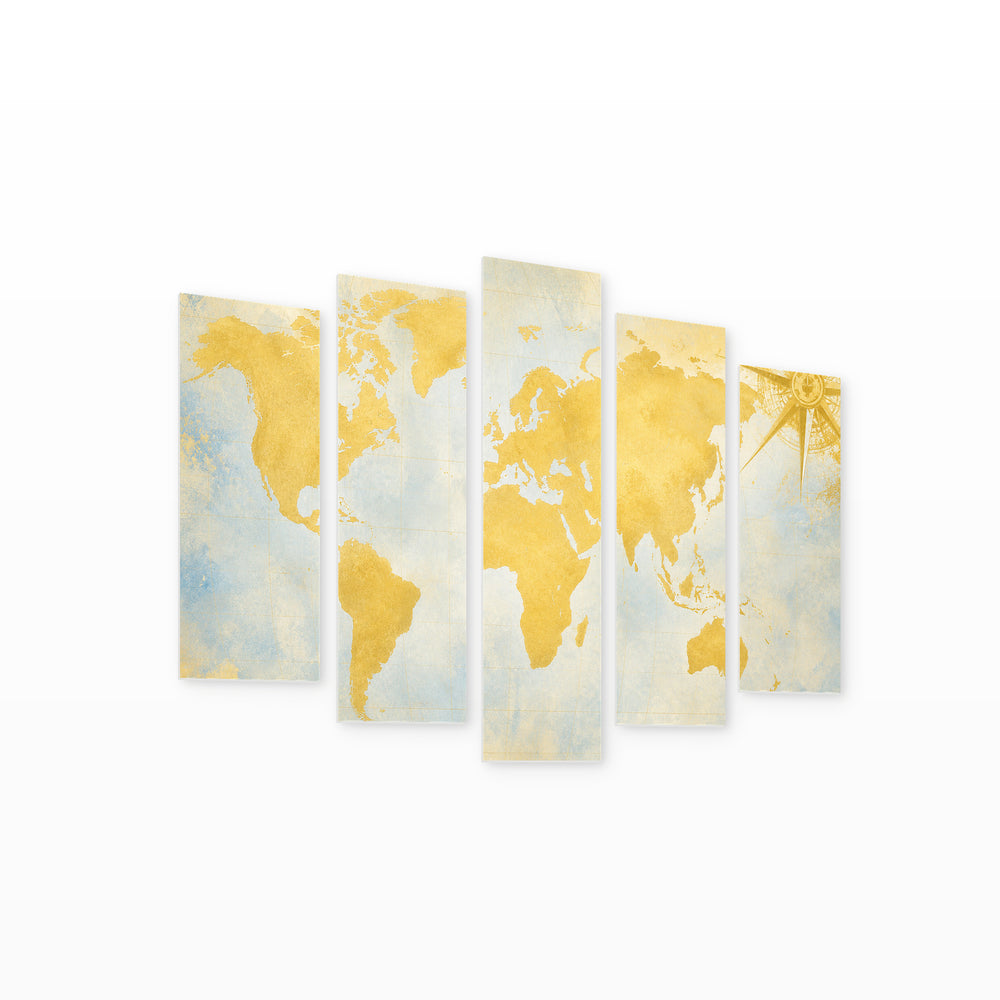 World Map in Yellow in Blue and Gold — five-panel wall art on white background in perspective | 5wallart 54709 M1
