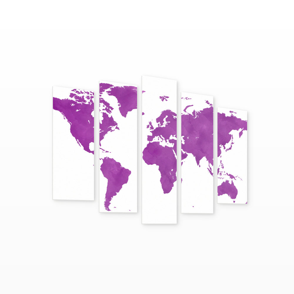 Map of the Purple World with Geometric Rhythm — five-panel wall art on white background in perspective | 5wallart 54710 M1