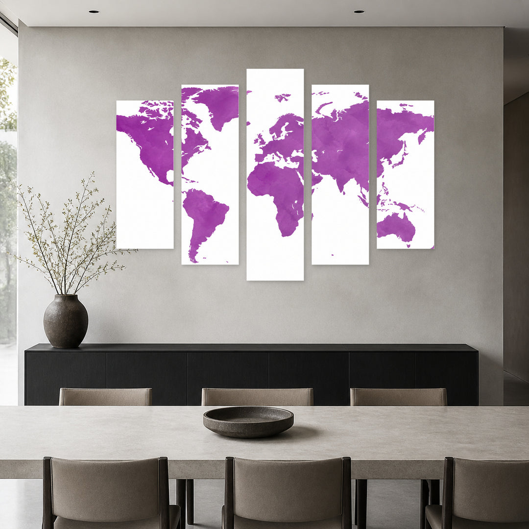 Map of the Purple World with Geometric Rhythm — five-panel wall art in frontal interior | 5wallart 54710 M3