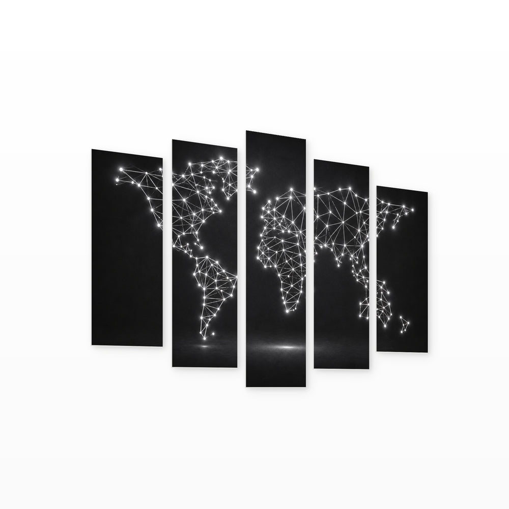 Abstract World Map with Glowing Dots Vintage Study — five-panel wall art on white background in perspective | 5wallart 54711 M1