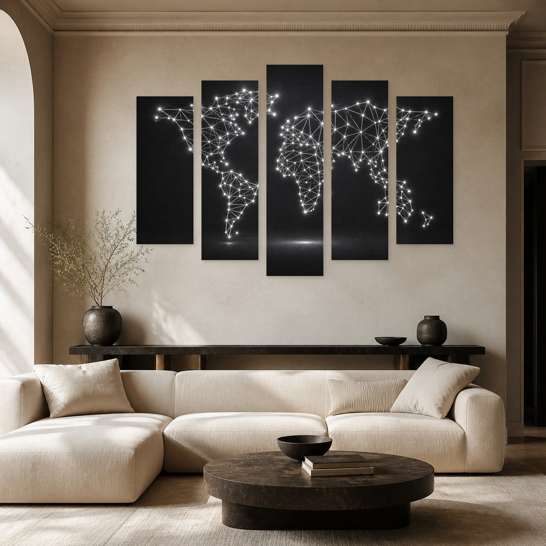 Abstract World Map with Glowing Dots Vintage Study — five-panel wall art in frontal interior | 5wallart 54711 M3