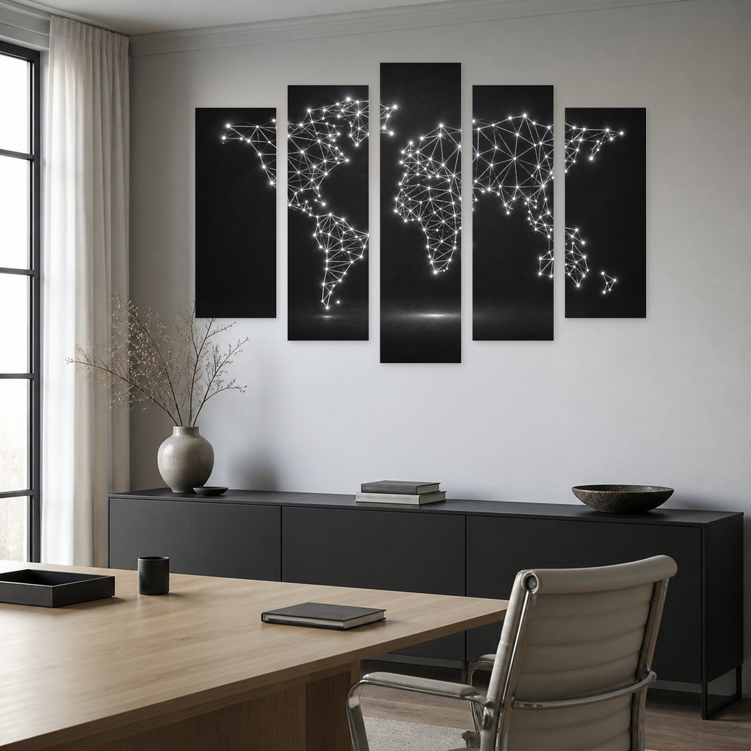 Abstract World Map with Glowing Dots Vintage Study — five-panel wall art in alternate frontal interior | 5wallart 54711 M4