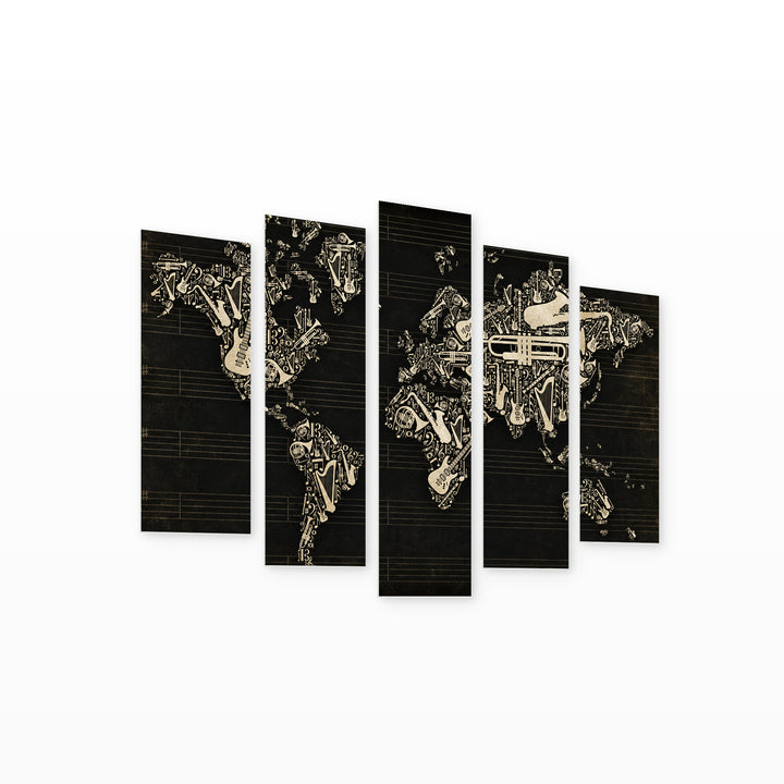 World Map of Musical Instruments Vintage Study — five-panel wall art on white background in perspective | 5wallart 54712 M1
