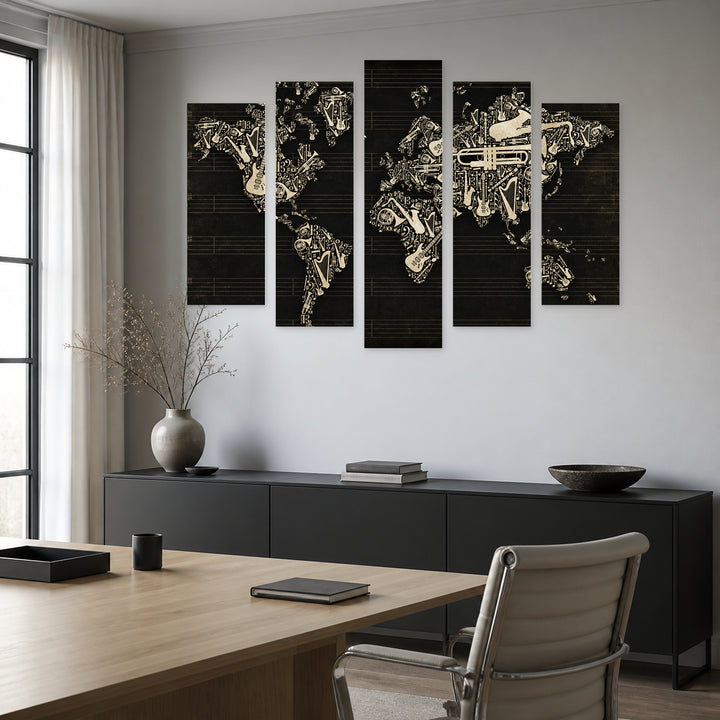 World Map of Musical Instruments Vintage Study — five-panel wall art in frontal interior | 5wallart 54712 M3