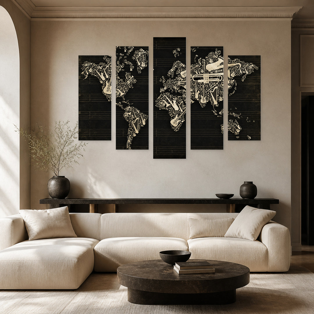 World Map of Musical Instruments Vintage Study — five-panel wall art in alternate frontal interior | 5wallart 54712 M4