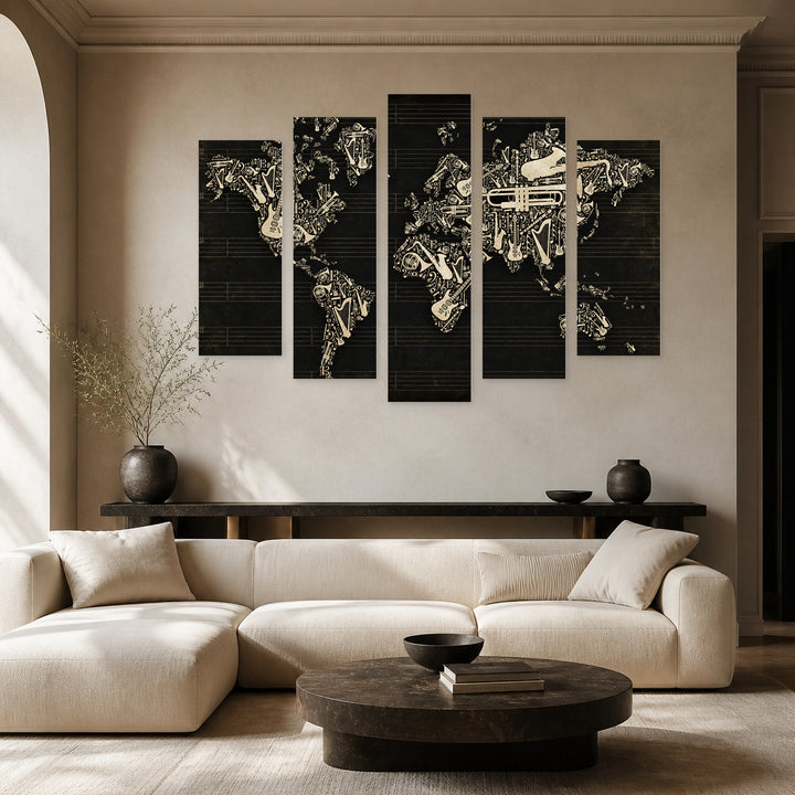 World Map of Musical Instruments Vintage Study — five-panel wall art in alternate frontal interior | 5wallart 54712 M4
