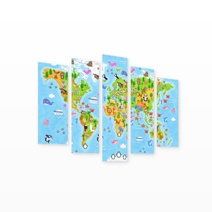 A World Map with Animals for Children — five-panel wall art on white background in perspective | 5wallart 54713 M1
