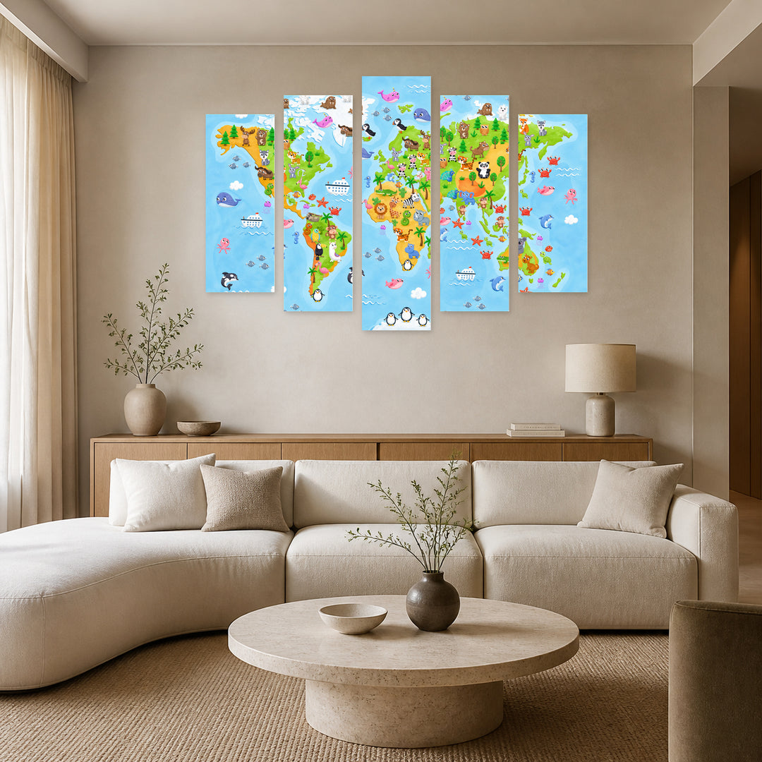 A World Map with Animals for Children — five-panel wall art in frontal interior | 5wallart 54713 M3