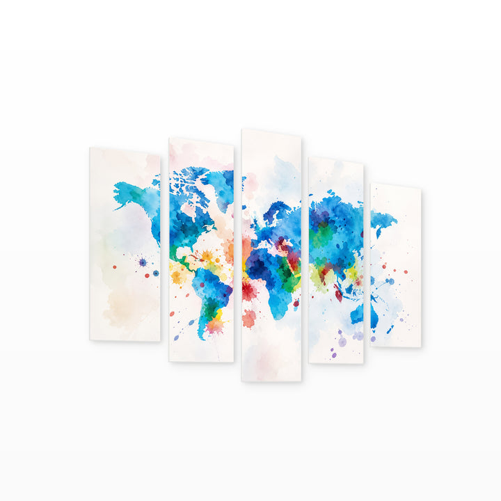 World Map in Watercolor with Dreamlike Atmosphere — five-panel wall art on white background in perspective | 5wallart 54714 M1