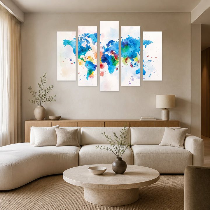World Map in Watercolor with Dreamlike Atmosphere — five-panel wall art in alternate frontal interior | 5wallart 54714 M4