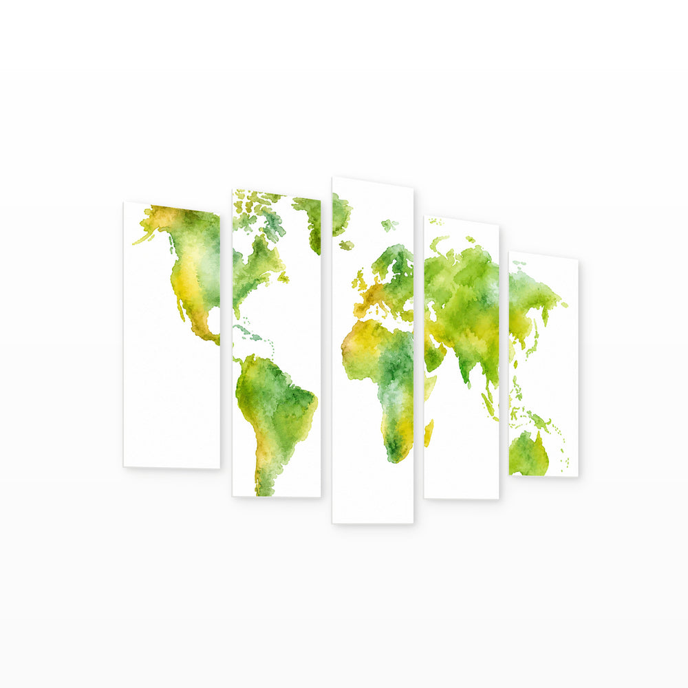 Watercolor Green World Map in Vivid Color — five-panel wall art on white background in perspective | 5wallart 54715 M1