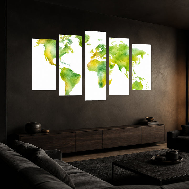 Watercolor Green World Map in Vivid Color — five-panel wall art in perspective interior | 5wallart 54715 M2