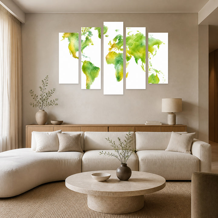 Watercolor Green World Map in Vivid Color — five-panel wall art in frontal interior | 5wallart 54715 M3