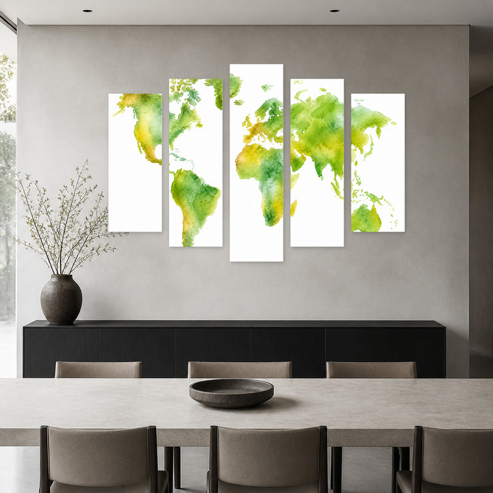 Watercolor Green World Map in Vivid Color — five-panel wall art in alternate frontal interior | 5wallart 54715 M4