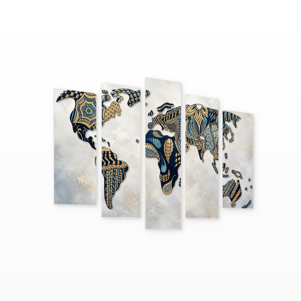Stylized World Map in Blue and Gold — five-panel wall art on white background in perspective | 5wallart 54716 M1