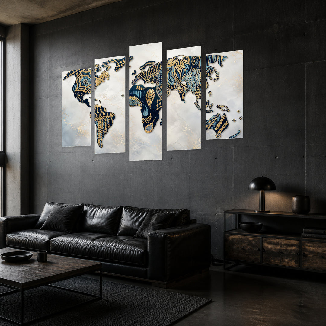 Stylized World Map in Blue and Gold — five-panel wall art in perspective interior | 5wallart 54716 M2