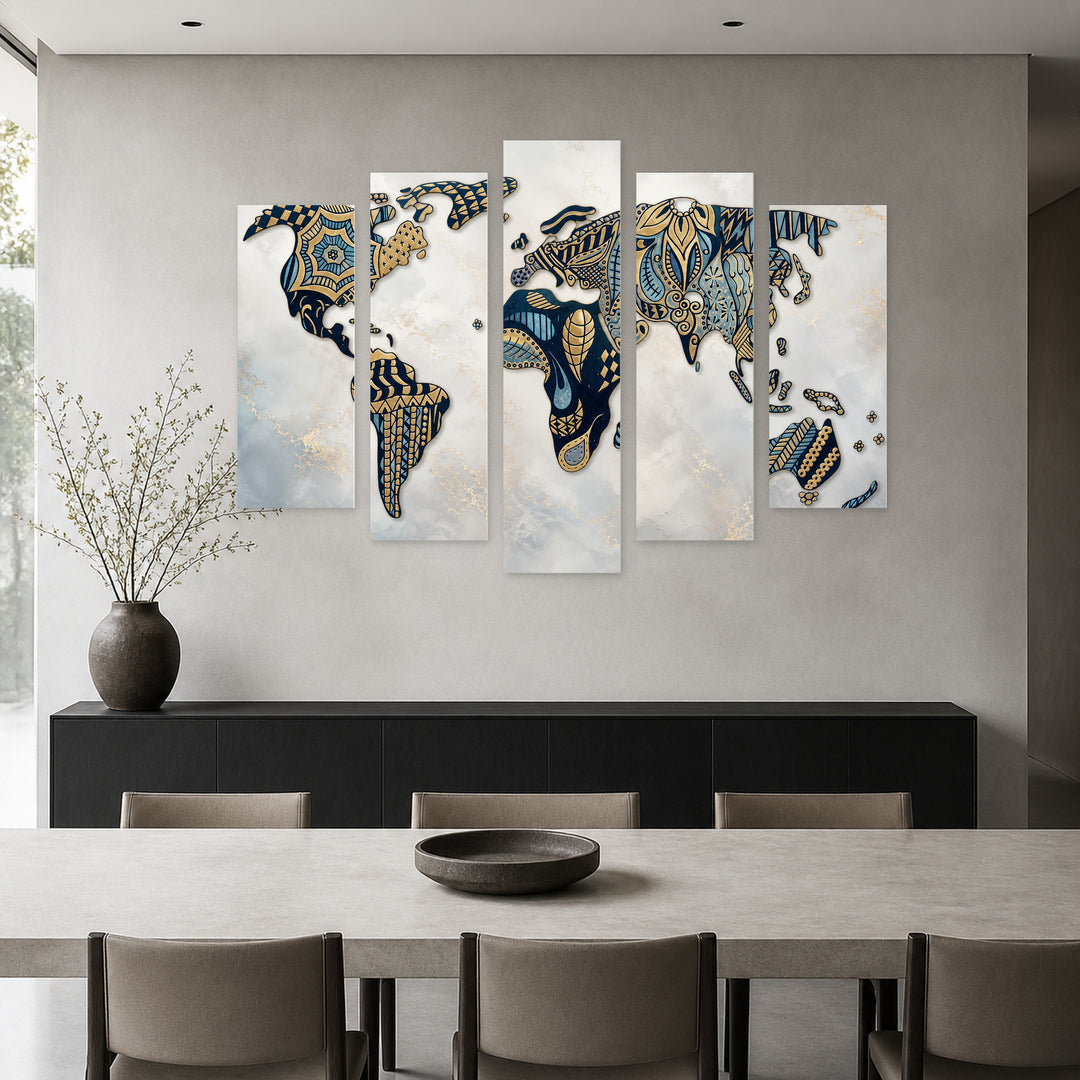 Stylized World Map in Blue and Gold — five-panel wall art in frontal interior | 5wallart 54716 M3