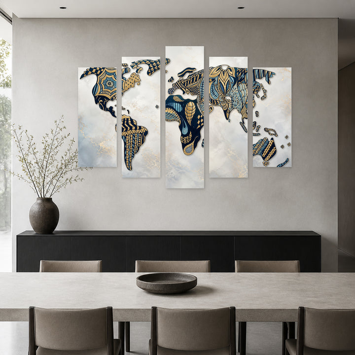 Stylized World Map in Blue and Gold — five-panel wall art in frontal interior | 5wallart 54716 M3