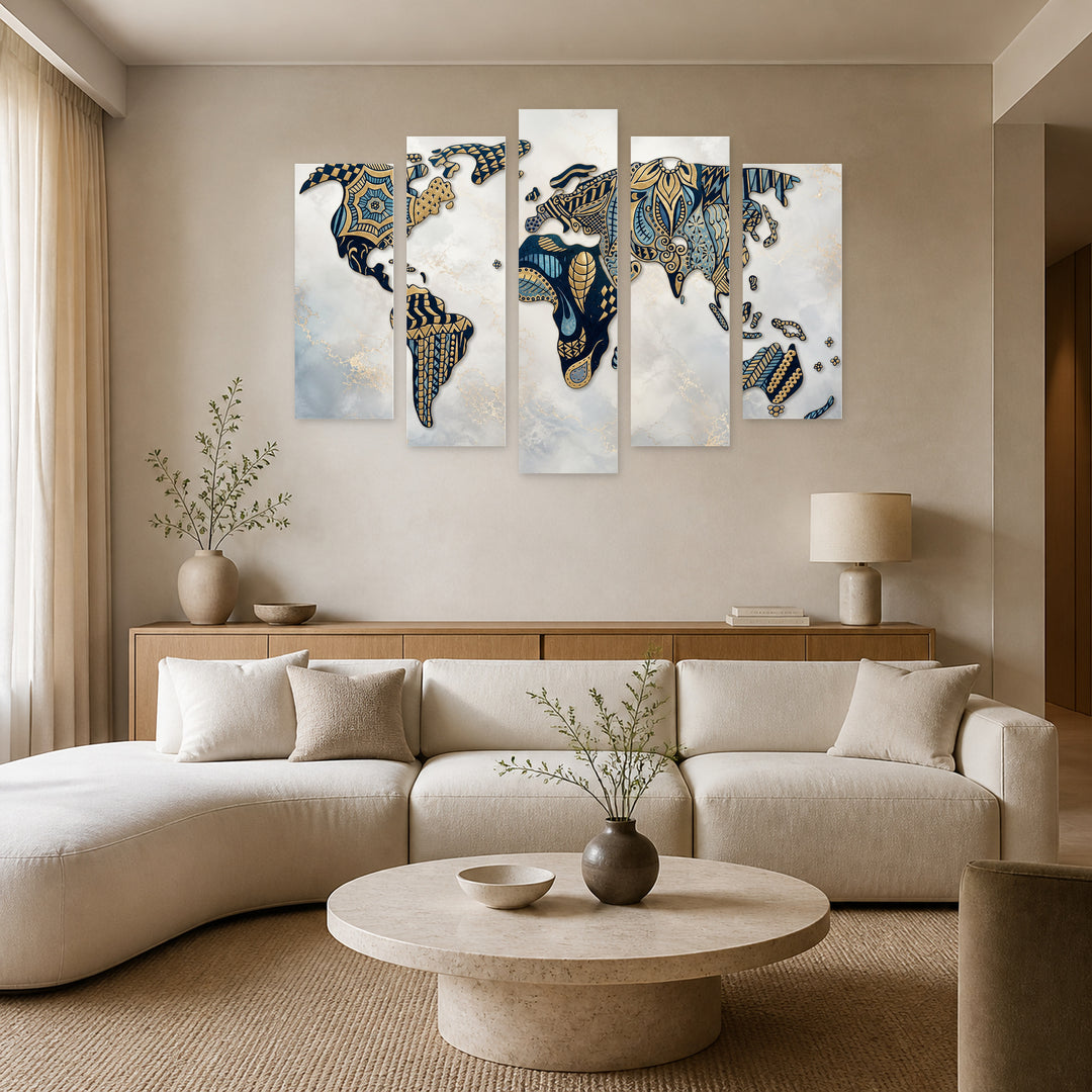 Stylized World Map in Blue and Gold — five-panel wall art in alternate frontal interior | 5wallart 54716 M4