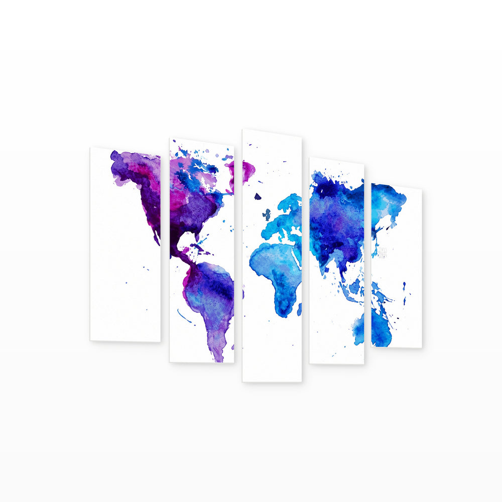 Watercolor World Map in Serene Light III — five-panel wall art on white background in perspective | 5wallart 54717 M1