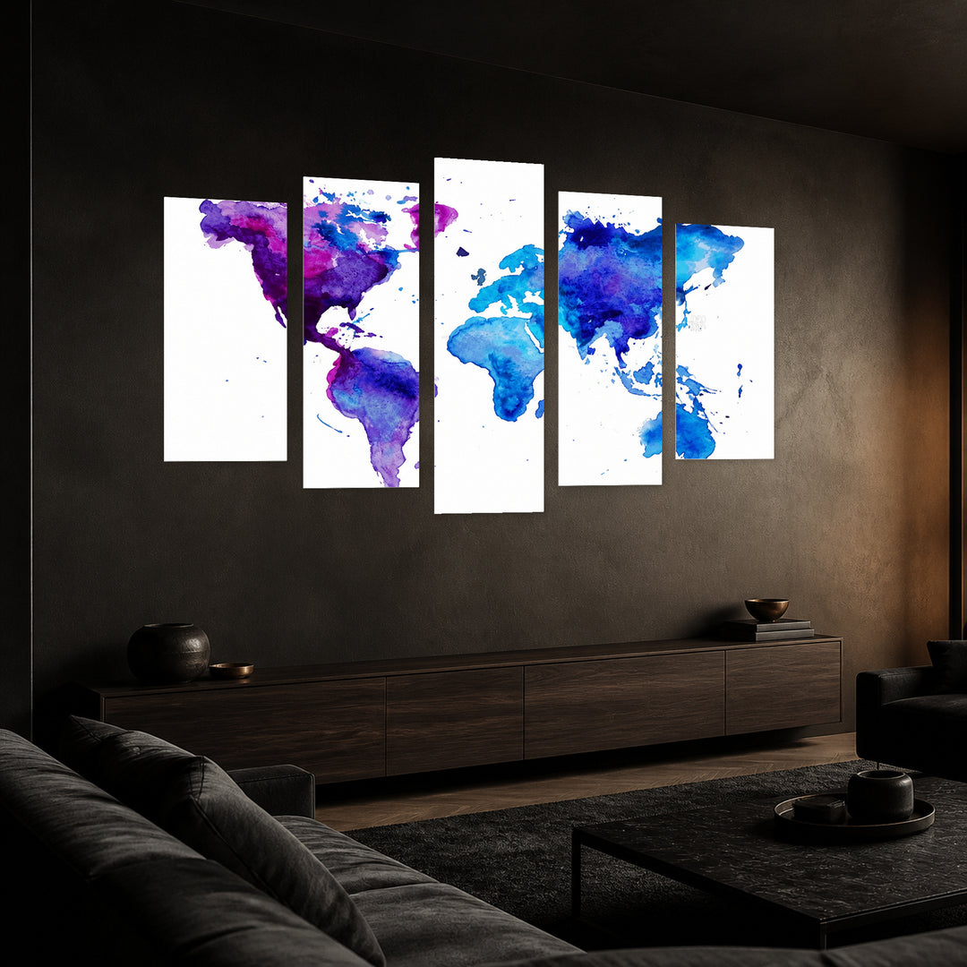 Watercolor World Map in Serene Light III — five-panel wall art in perspective interior | 5wallart 54717 M2