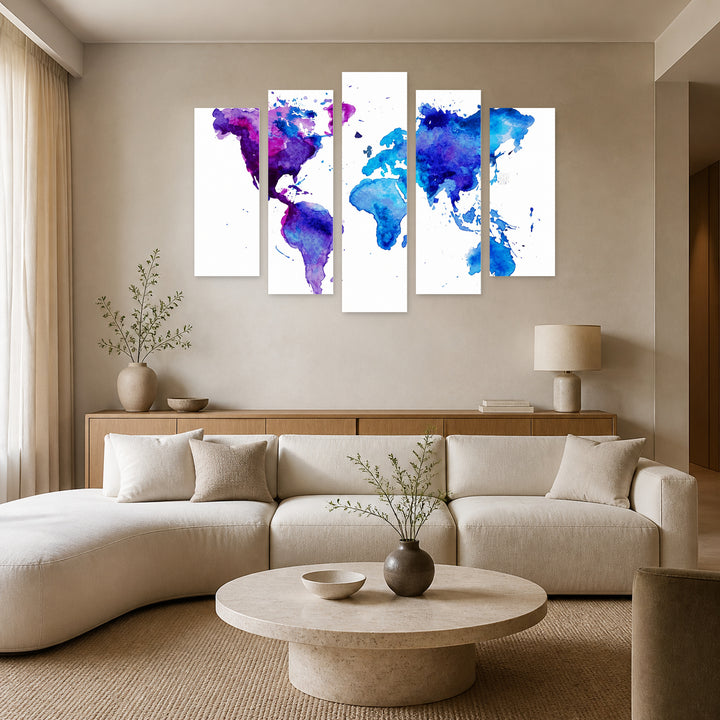Watercolor World Map in Serene Light III — five-panel wall art in frontal interior | 5wallart 54717 M3
