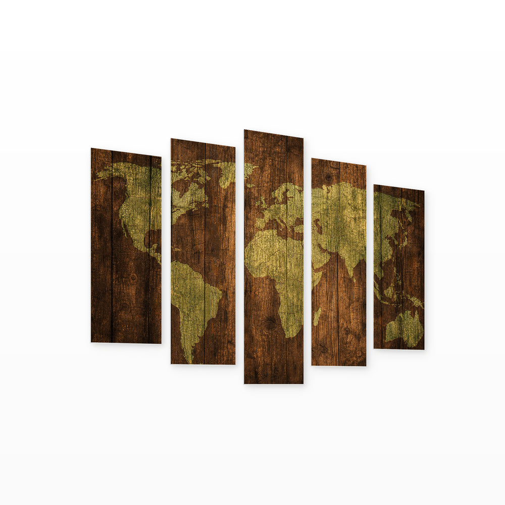 World Map on Wooden Board with Dramatic Contrast — five-panel wall art on white background in perspective | 5wallart 54718 M1