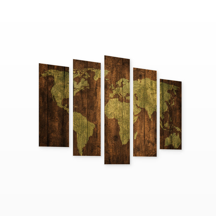 World Map on Wooden Board with Dramatic Contrast — five-panel wall art on white background in perspective | 5wallart 54718 M1
