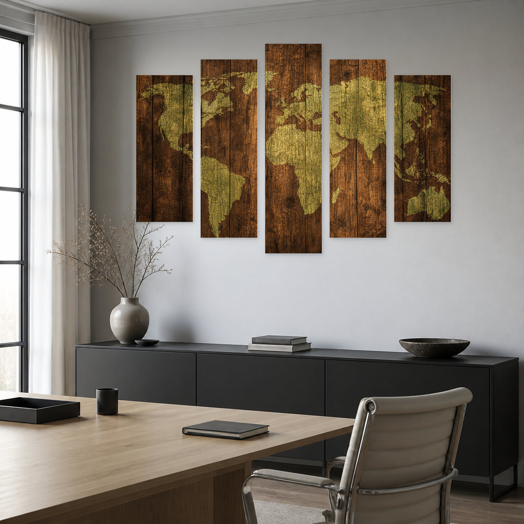 World Map on Wooden Board with Dramatic Contrast — five-panel wall art in frontal interior | 5wallart 54718 M3