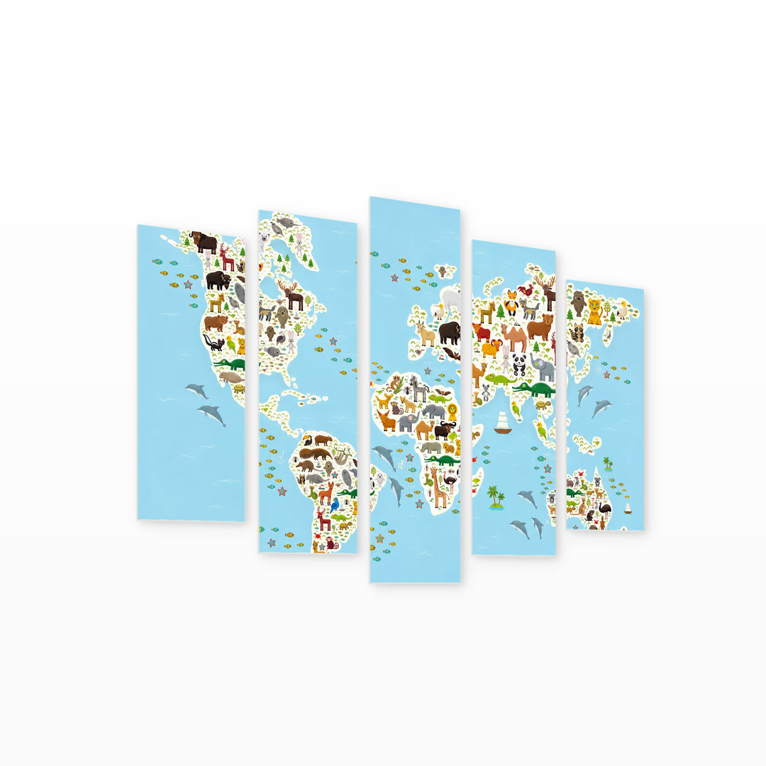 Cartoon Animal World Map for Children Playful Illustration — five-panel wall art on white background in perspective | 5wallart 54720 M1